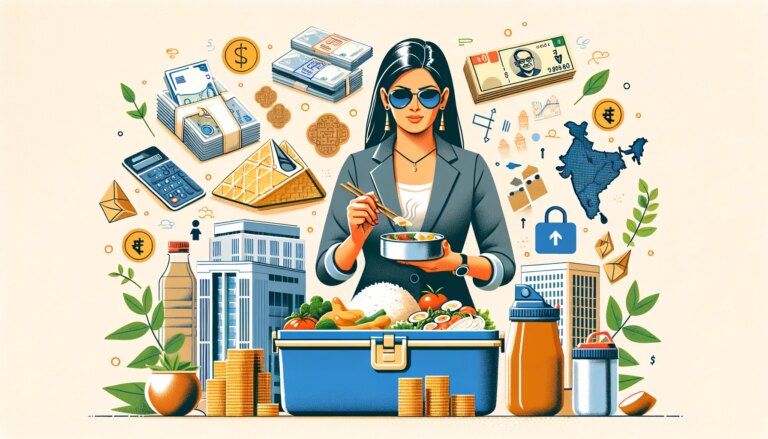 Illustration of a woman eating salad, surrounded by symbols of finance, technology, and sustainability, with India map.